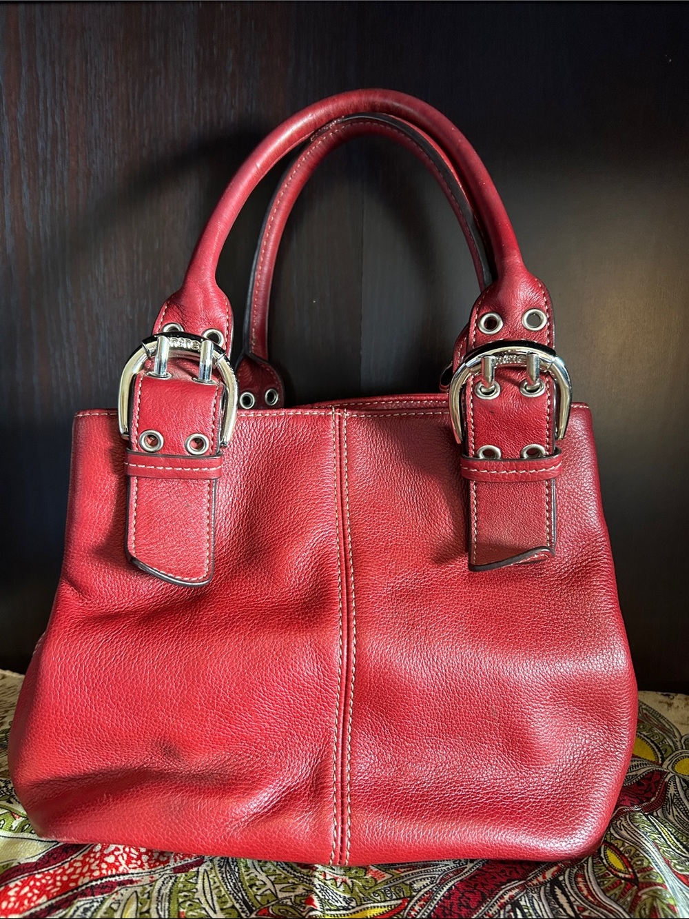 Red Leather Tignanello Tote Handbag